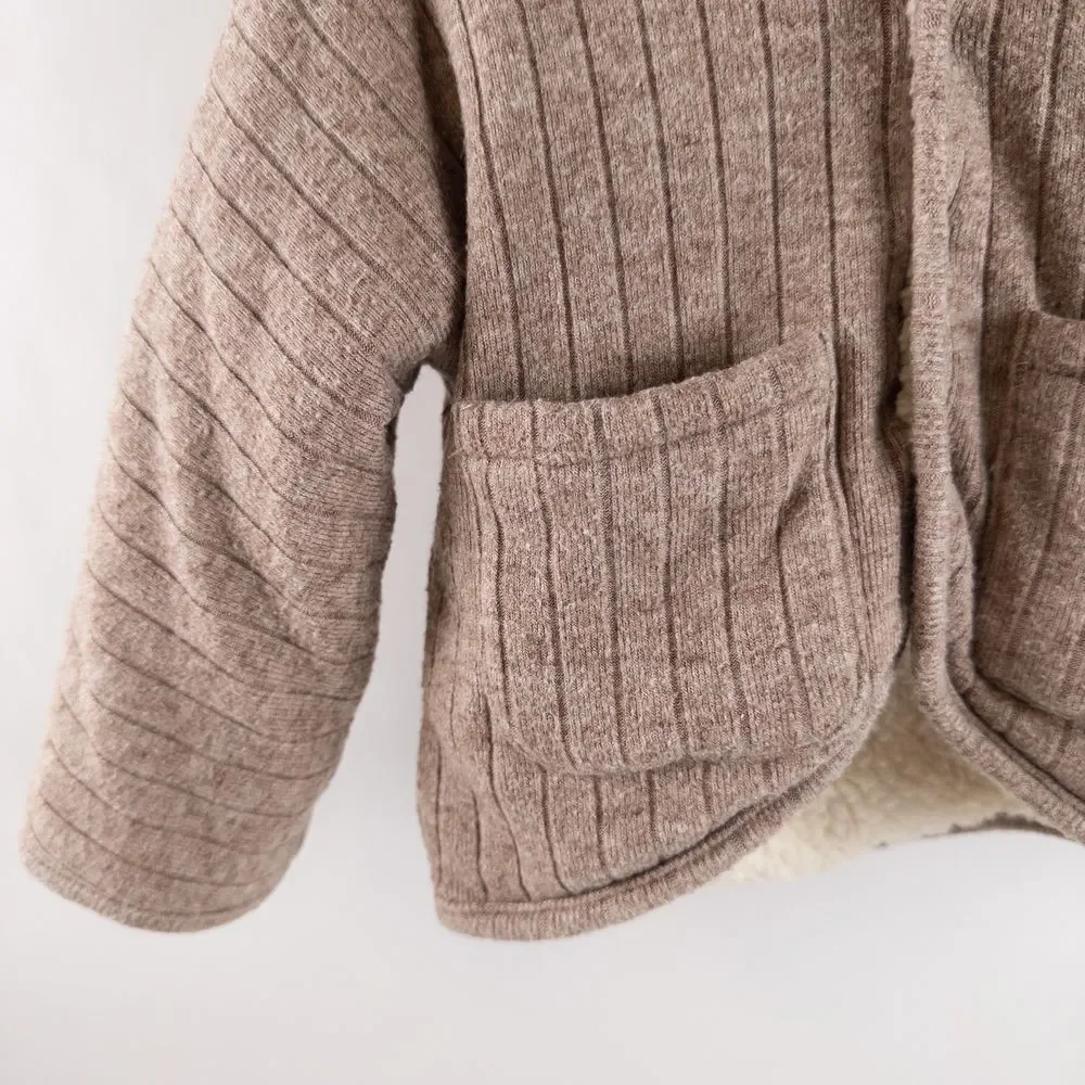Oh baby! Warm Sherpa Lined Wide‎ Rib Sweater Knit Snowdrift Hoodie Brown Sz 6m